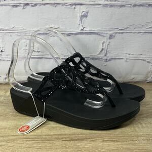 FitFlop Bumble Crystal Toe Post Sandals Women's Size 10 Black Comfort Slides